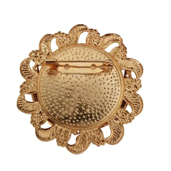 Vintage Round Brooch Gold Tone Filigree With Rose Inset and Rhinestones Like New - Picture 5 of 6